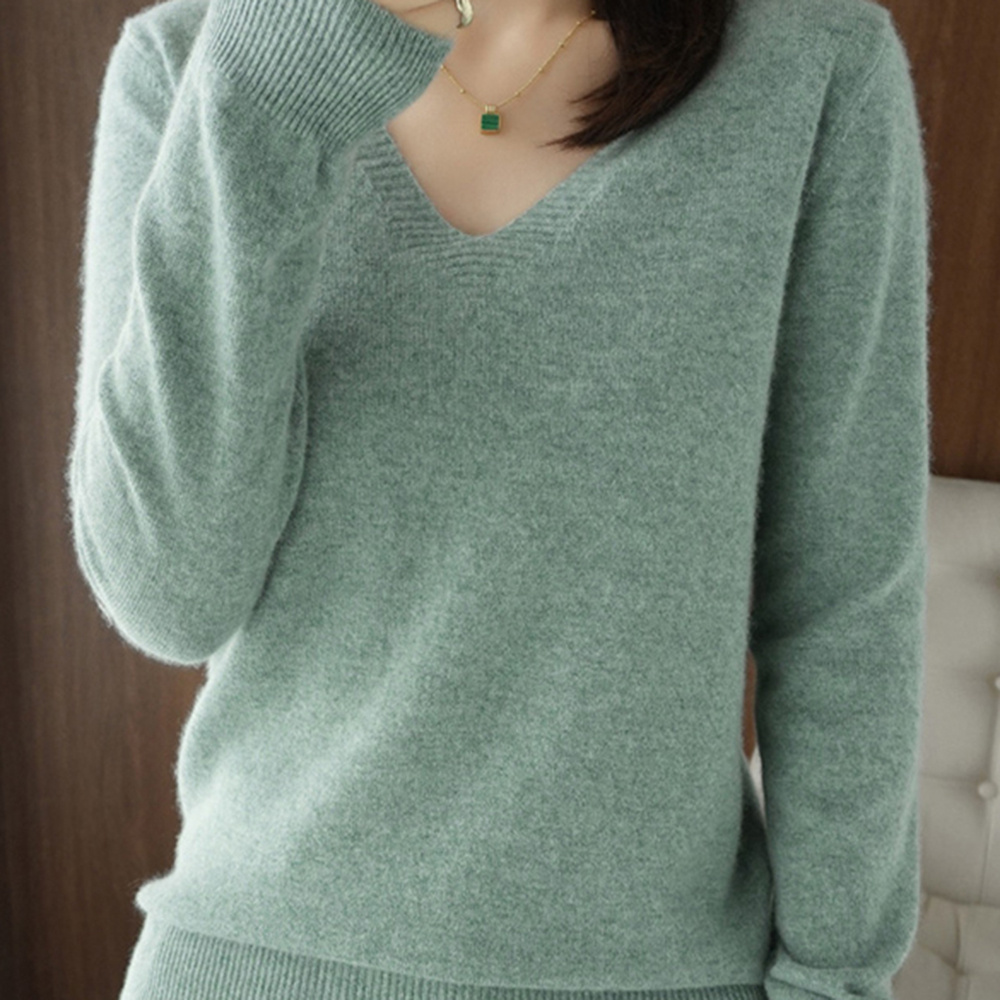 Áo len chui đầu nữ phong cách Hàn Quốc cổ chữ V Tay áo dài áo len phổ biến cho văn phòng nhà cửa
