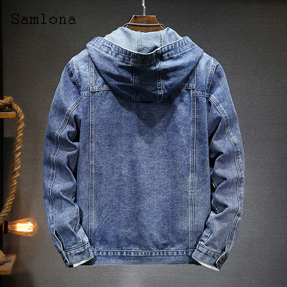 Cỡ lỡn 4XL 5XL Mens Giản Dị vải bò có mũ Áo Khoác Nam Dài Tay Áo Đa-Túi Jean Áo Khoác nam cổ điển Cơ