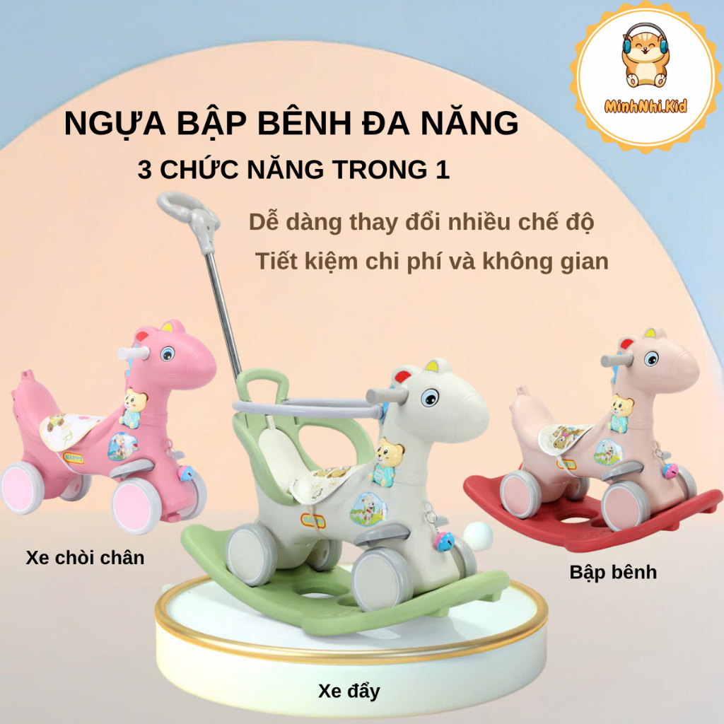 [ Ȟỏa Tốc ] Ngựa bập bênh 3in1 đa chức năng cho bé từ 8 tháng đến 4 tuổi vừa bập bênh vừa chòi chân có nhạc, có tay đẩy
