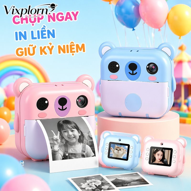 Vixplorn Máy ảnh mini in nhiệt chụp lấy liền camera kỹ thuật số màn hình màu pin sạc cổng USB chống rung quà tặng gia đình