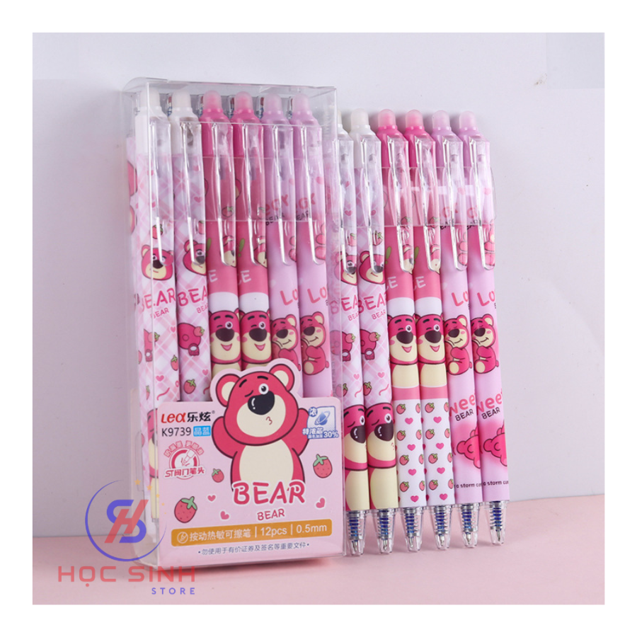 Hộp 12 Cây Bút Gel Bấm Xóa Được Mẫu Gấu Dâu (Xanh, Tím) - Giao Mẫu Gấu Dâu Ngẫu Nhiên