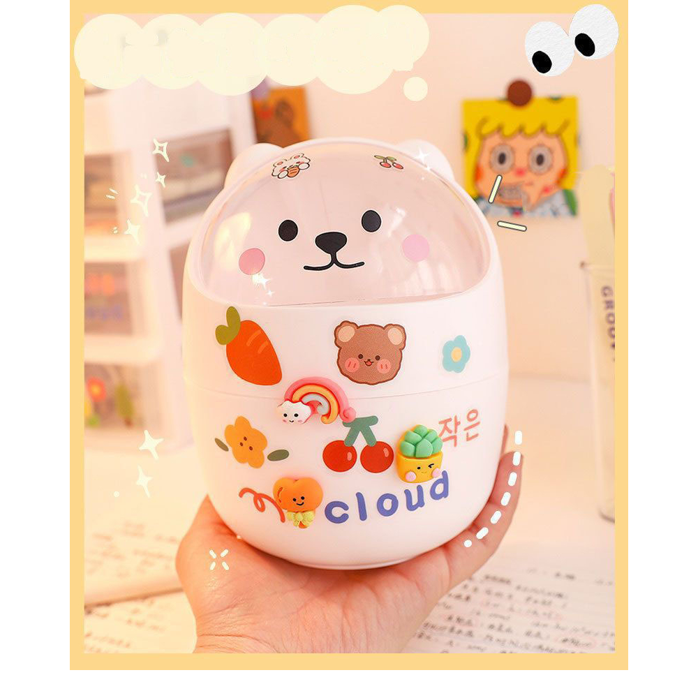 Thùng rác mini để bàn hình gấu dễ thương kèm sticker