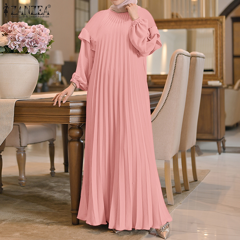 open lace back dress Elegant Muslim Women's Pleated Chiffon Pullover Robe Dress Modest Solid  Color Abaya with Flared Sleeves. (MA176)