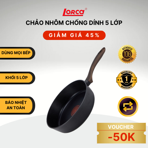 Chảo Chống Dính 5 Lớp Liền Khối Lorca TA 2034A Dùng Cho Mọi Loại Bếp, Cảm Biến Nhiệt, Sâu Lòng