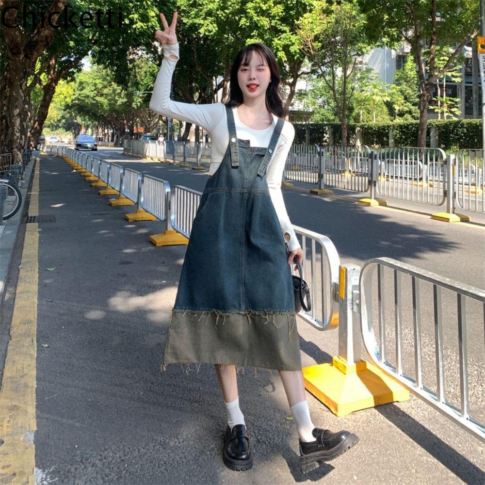 Korean Style Denim Overalls Dress - High Waist Slimming Midi A-Line Skirt  For Women | Lazada Singapore