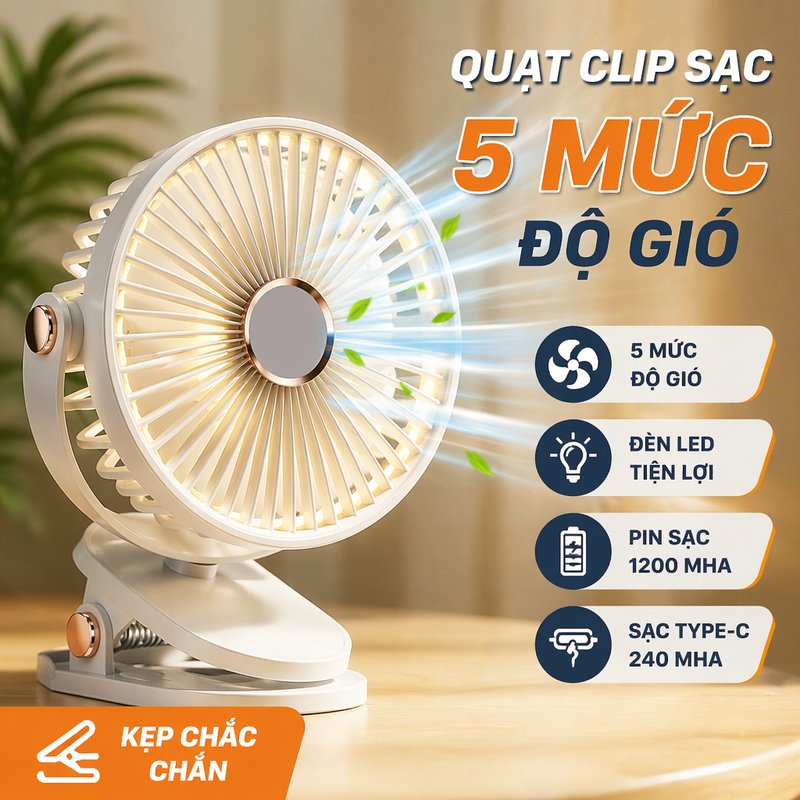 quạt kẹp quạt bàn mini sạc usb type c 5 mức gió có đèn pin tích điện dùng học tập văn phòng