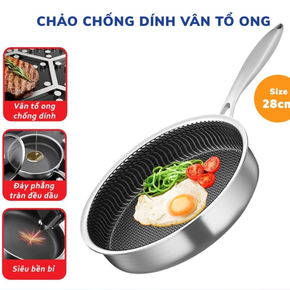 Chảo chống dính, chảo chống dính bếp từ 5 lớp inox 304 phủ lớp đáy tổ ong cao cấp size 28cm chảo dùng được cho bếp từ