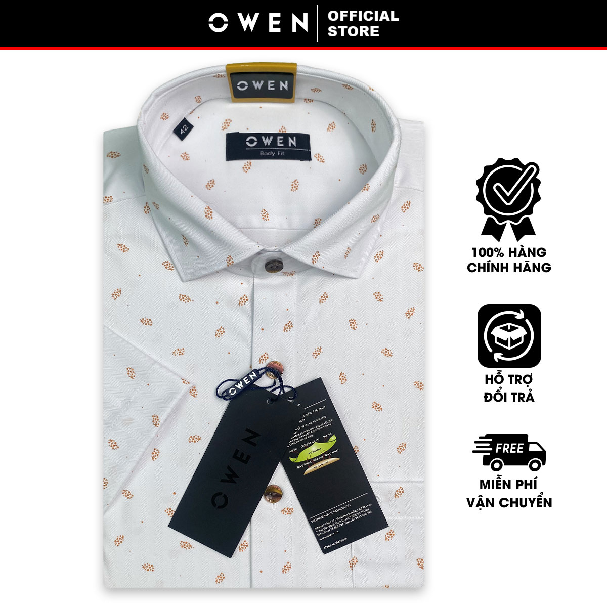 OWEN SALE -  Tay Ngắn Màu Trắng Dobby In Nâu  Họa Tiết Hoa Văn Form Body Fit Lai Ngang Chính Hãng