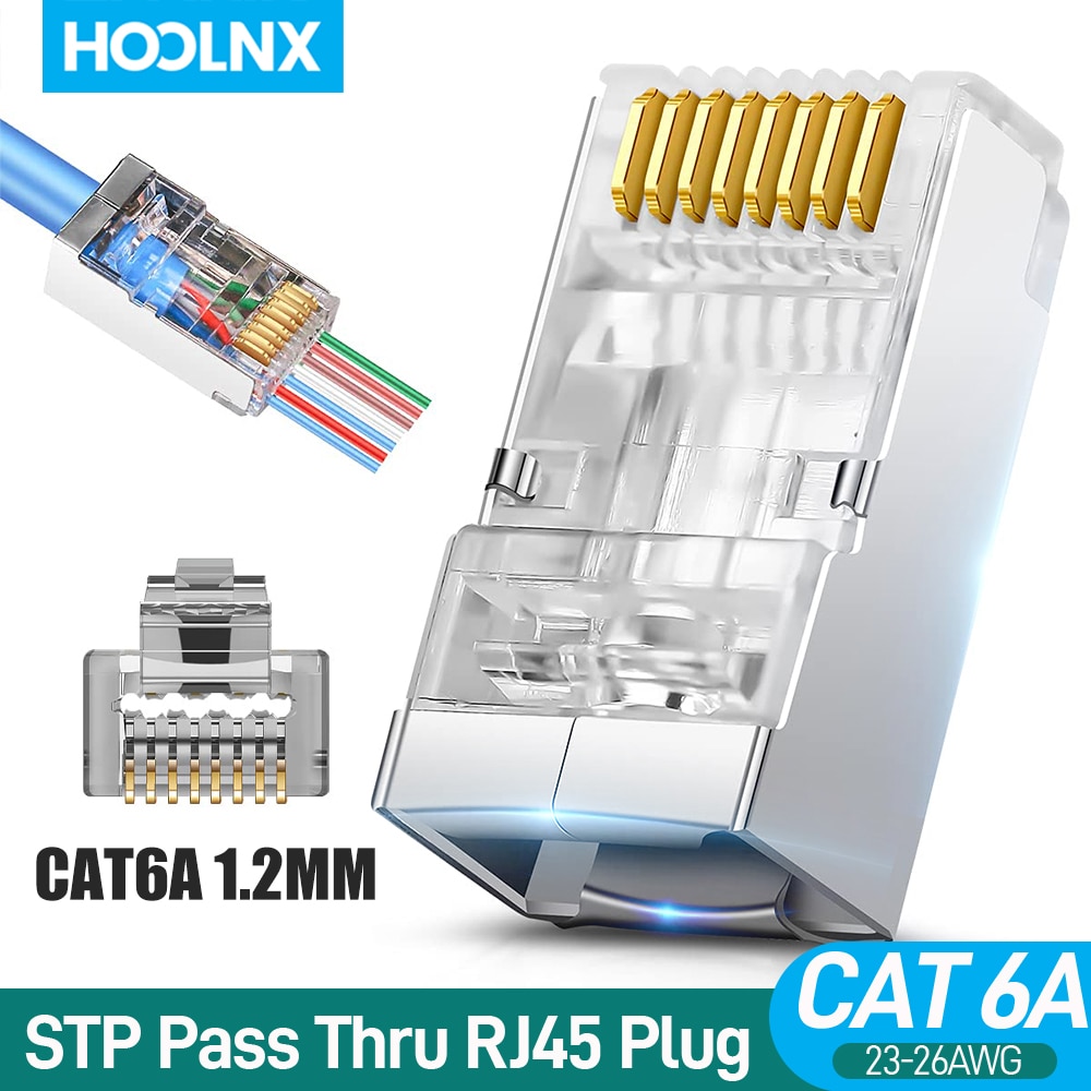 Hoolnx rj45 connector cat6a cat6 pass through modular plugs stp shielded 50u gold plated ethernet end network plug for lan cable