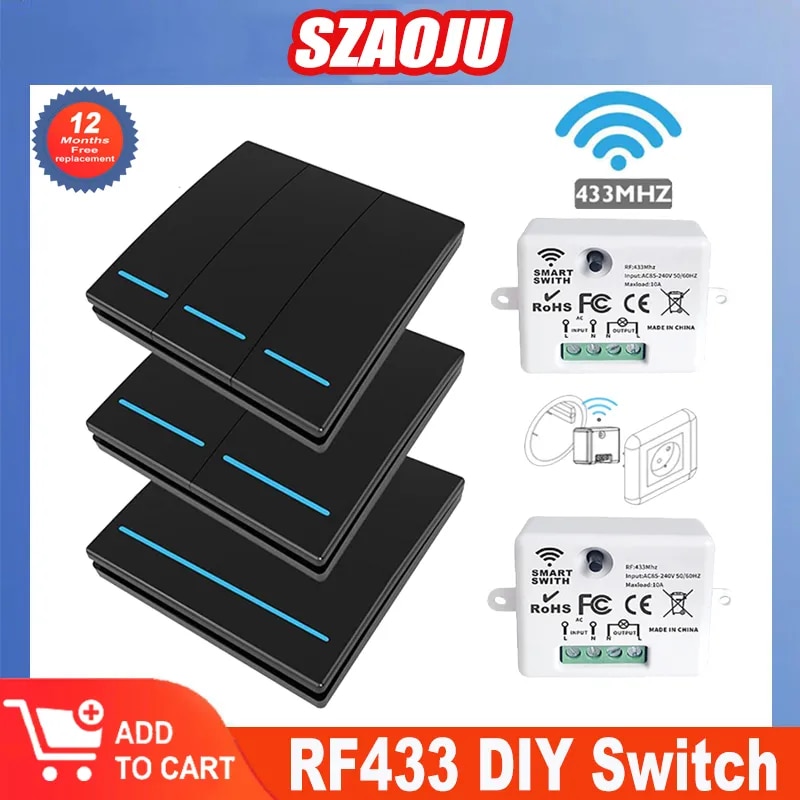 Szaoju Mini RF 433Mhz Smart Wireless Switch Wall Panel With Remote Control AC90V~250V Module Relay Receiver For LED Light Lamp