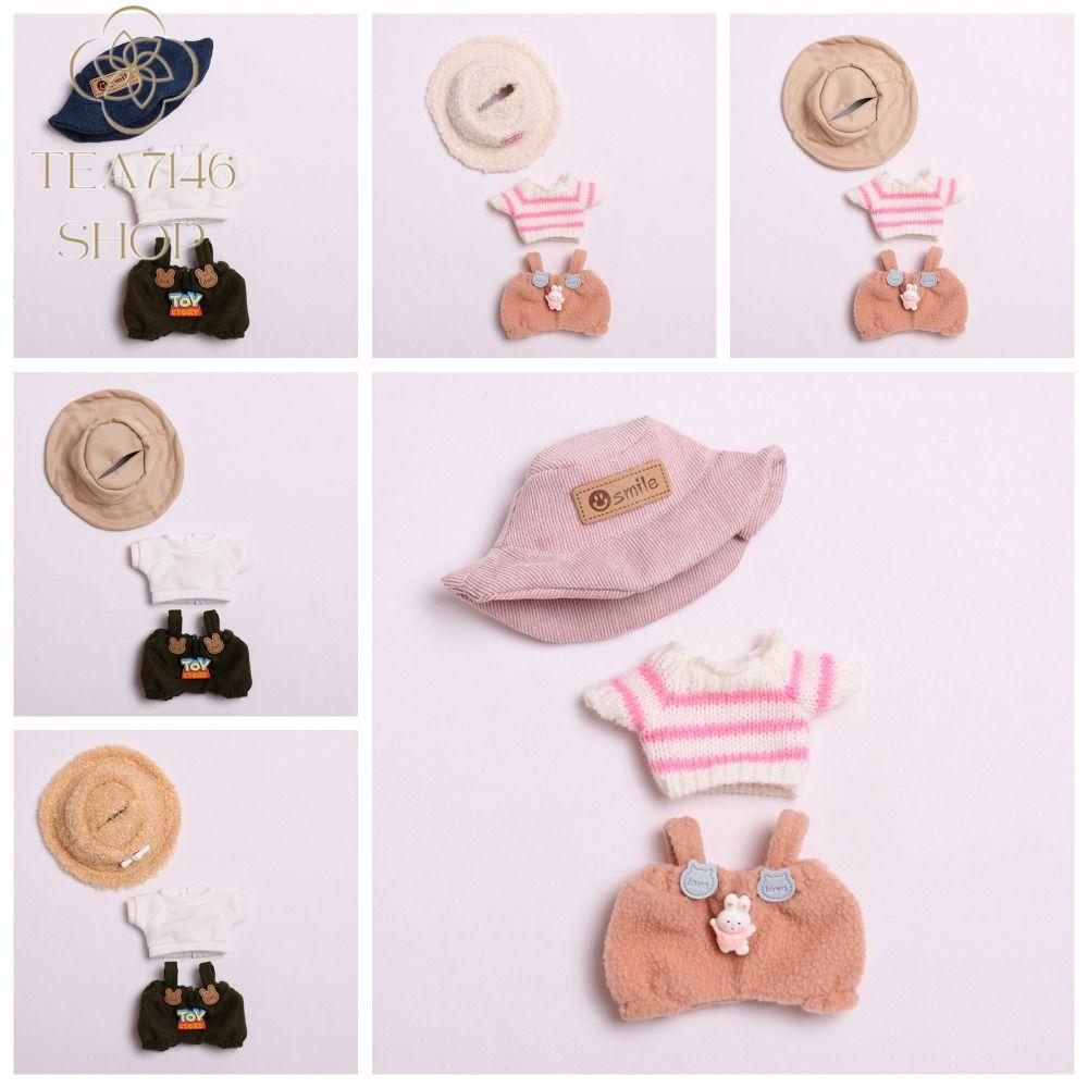 TEA7146 Mũ may mắn Quần áo thời gian labubu 17cm Quần Yếm thỏ Mũ nụ cười Quần áo búp bê cotton 17cm 