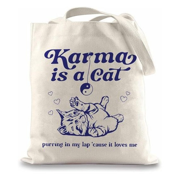 Túi Tote Canvas In Hình Karma Is A Cat Taylor Swift Album Midnight Nhiều Mẫu