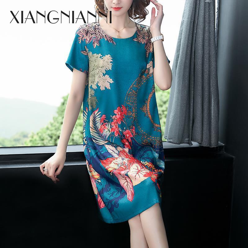 Xiang Nian ni Ngắn Vải Viscose Đầm Có Tay ở người già mới giảm bụng chân váy suông váy hoa mỏng