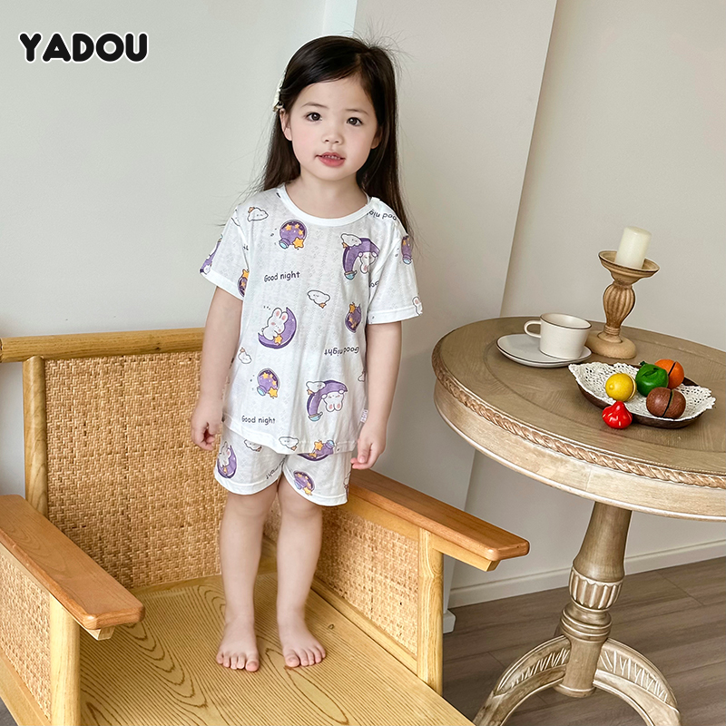 Yadou Đồ ngủ trẻ em mùa hè Bộ đồ ngắn tay Lớp Một sợi tre siêu mỏng lưới thoáng khí trẻ mới biết đi và trẻ em Homewear