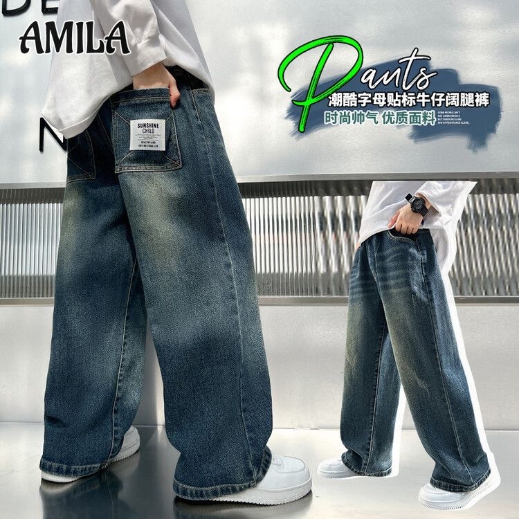  Quần ống suông hợp thời trang cho bé trai amila mùa xuân và mùa thu Quần jeans bé Trai Cỡ vừa đến cỡ lớn quần ống rộng dáng rộng và đa năng 