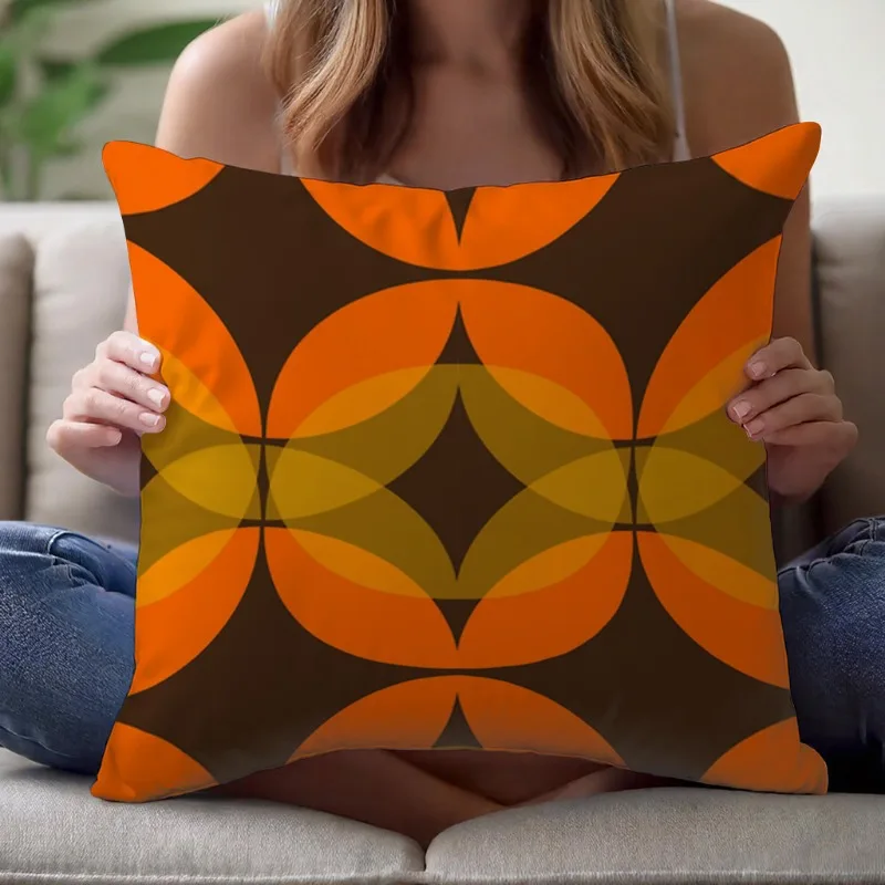 （HC)Retro Geometric Pattern Pillow Cover Orange and Brown Abstract Design Cushion Case for Living Room Bedroom Home Decor Gift