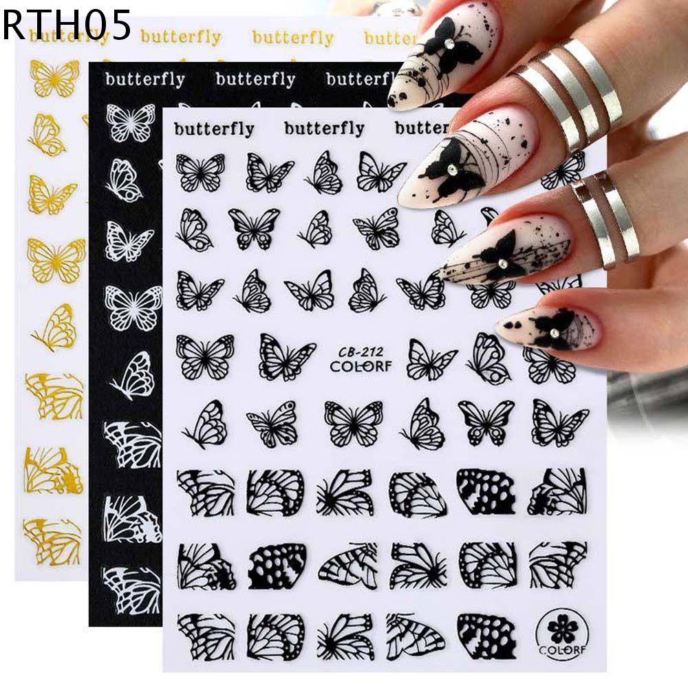 RTH05 TỰ LÀM Thời trang Trắng Làm Móng Tay Chuyển Nail Lá Đen Hoa Nhãn Dán Móng Tay Móng tay Nghệ Thuật Trang Trí Bướm Móng Tay Decals 3D Nhãn Dán Móng Tay