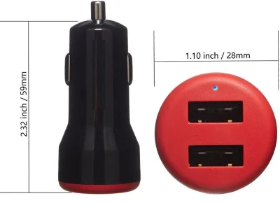Dual-Port 2 port USB Fast Charger for car Adapter for Apple and Android Devices, 24W, Black and Red 5V Output (2.4A)