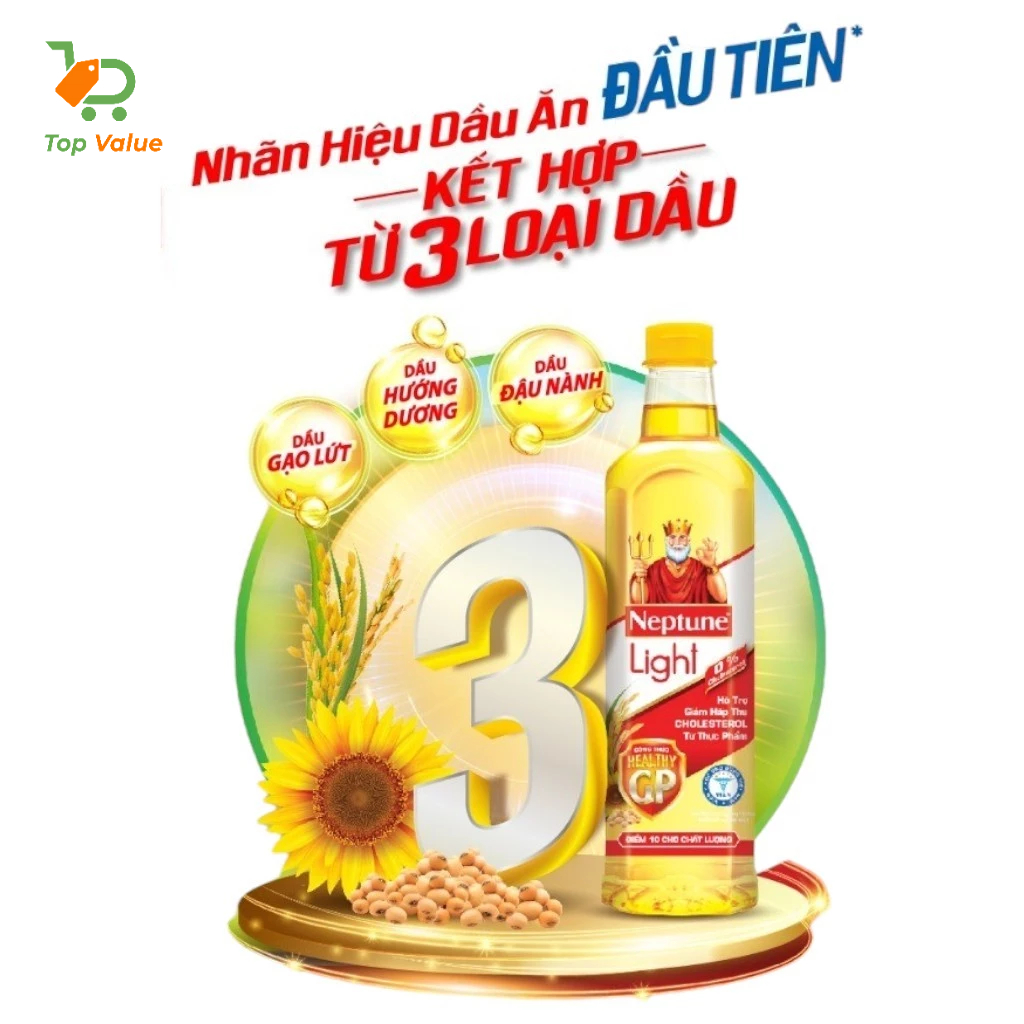 Dầu ăn Neptune Light PD204 kết hợp từ 3 loại dầu - chai 1L