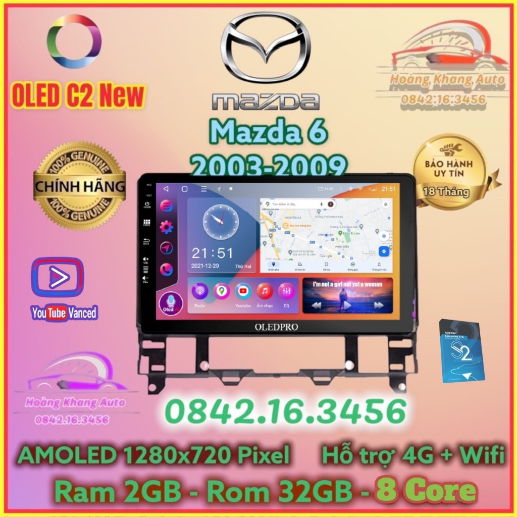 Màn hình Android OLED C2 New Theo Xe Mazda 6 2003 - 2009, 10 inch kèm dưỡng và jack nguồn zin -