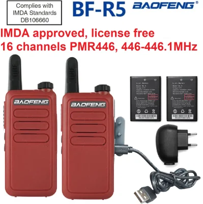 License free, IMDA approved 2 pcs (1 pair) NEW model! BAOFENG BF-R5 Red, 16 channels, Mini Portable two way radio UHF 446MHz convoy family travel shopping security walkie talkie transceiver
