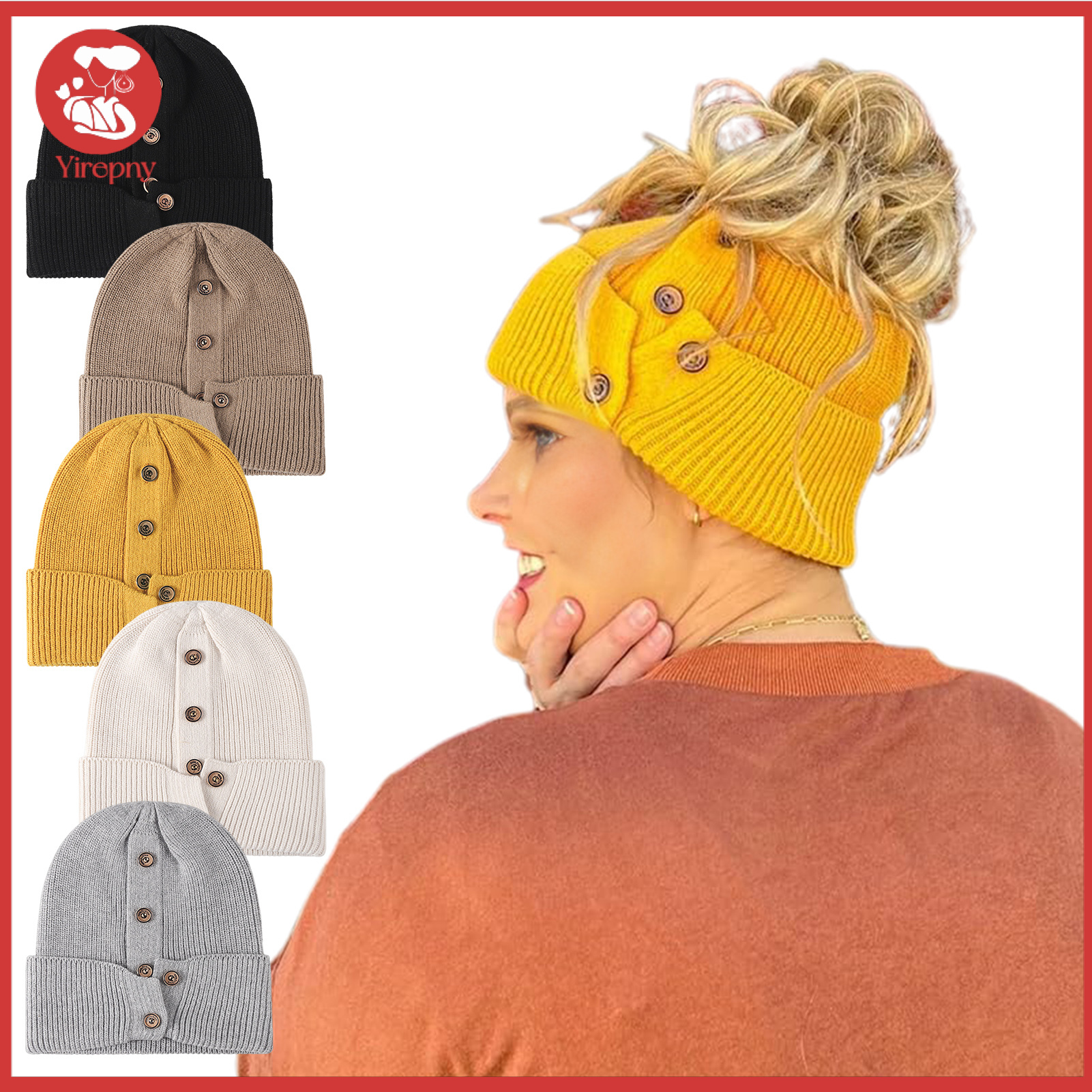 Yirepny Winter Woolen Hat Knitted Dome No Brim Solid Color High Elasticity Button Decor Thick Keep Warm Outdoor Beanie Unisex Travel Commuting Headwear ราคา 292 บาท*ส่งฟรี