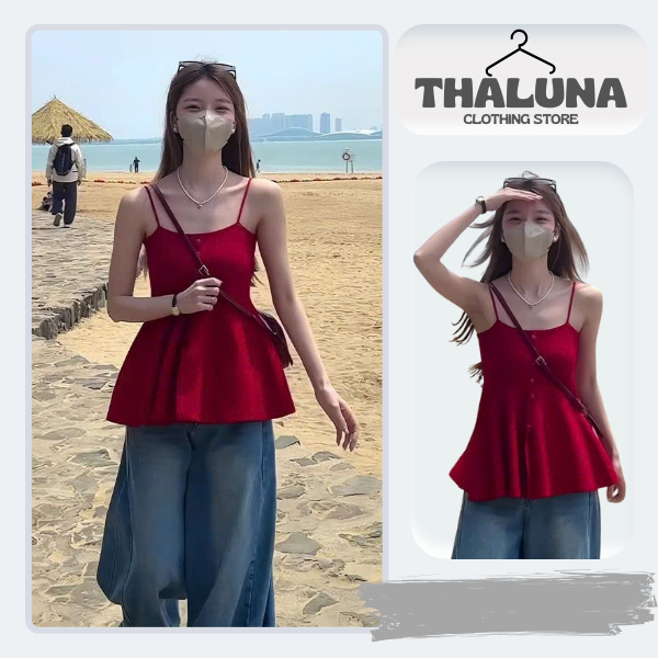 THALUNA - Áo Hai Dây Nữ Dáng Xòe Nhiều Cúc Áo Phong Cách Hàn Quốc Dễ Thương