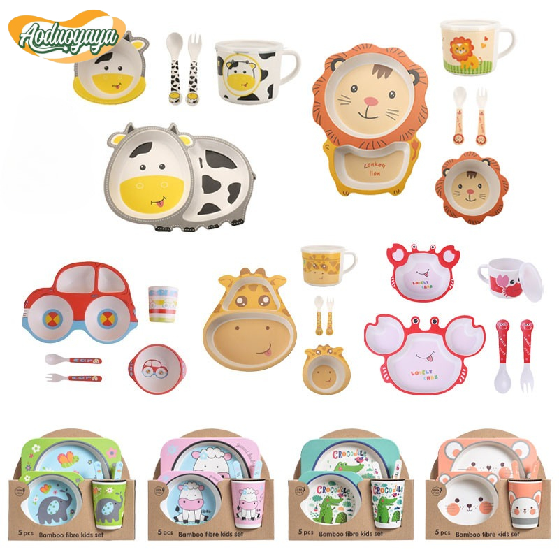 Aoduoyaya Children's Rice Plate, Children's Rice Plate Set, 5-Piece Set, Bamboo Pulp Plate Set Made from Bamboo Pulp Cute Cartoon Safety Materials ราคา 173 บาท*ส่งฟรี