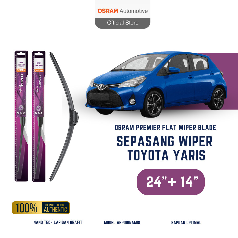 OSRAM Wiper Premier Flat Blade Mobil Toyota Yaris ukuran 24 dan 14 inch - Frameless Harga 166,900 Ringgit*Penghantaran Percuma