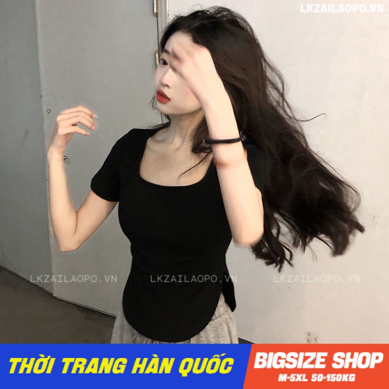 利Áo thun nữ tay ngắn Bigsize Áo croptop kiểu ôm body cổ vuông đen mùa hè Phong cách Hàn Quốc Thời Trang đẹp
