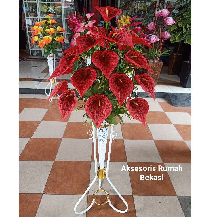 Anthurium Flower Arrangement / Aron Panda Flower with an Iron Standing Pot for the Corner of the Room