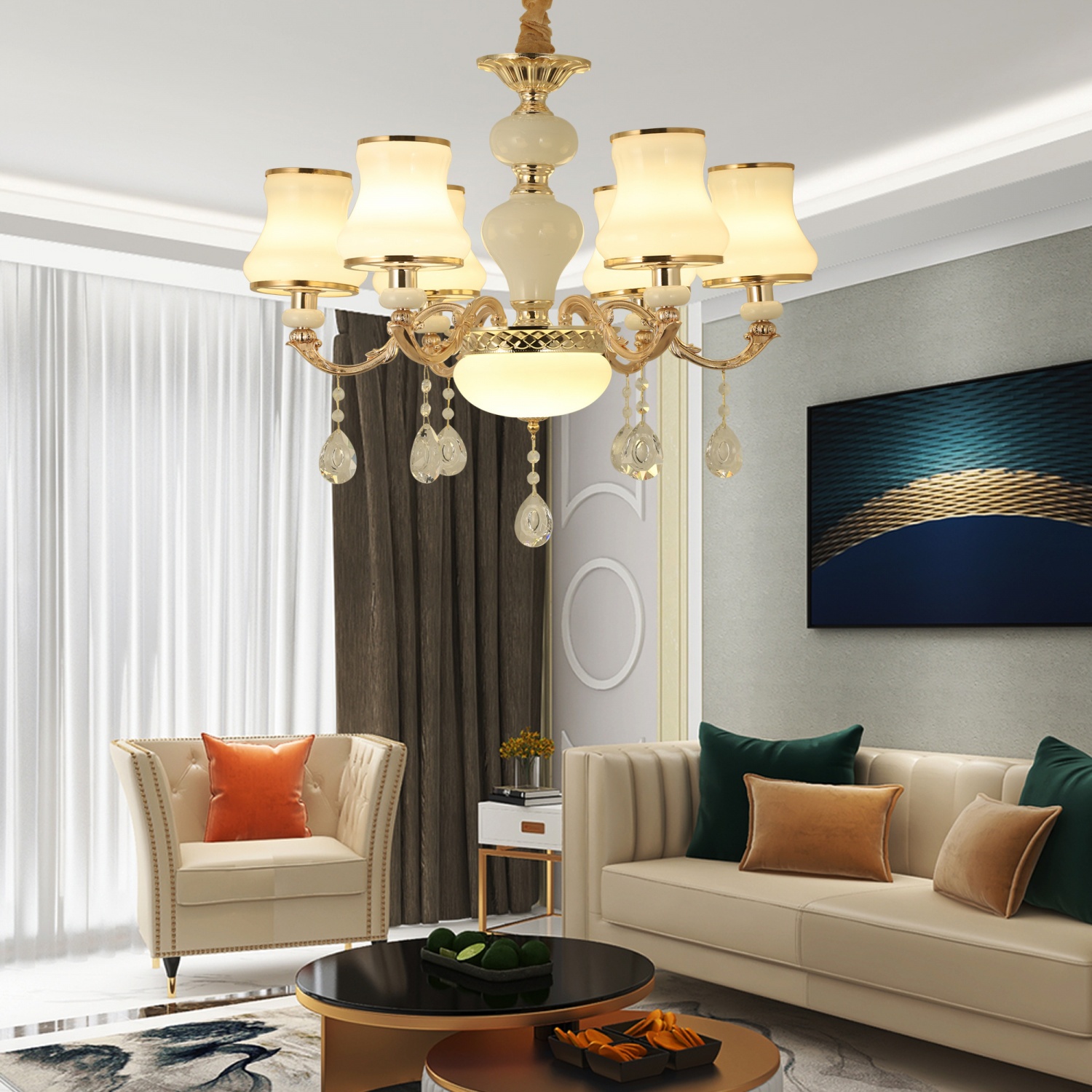 Global House EILON โคมไฟแขวน Chandelier แบบช่อ 41W ขั้ว E14*6 รุ่น MD7615/ 6 สีขาวขอบทอง รับประกันของเเท้! ราคา 3,290 บาท*ส่งฟรี