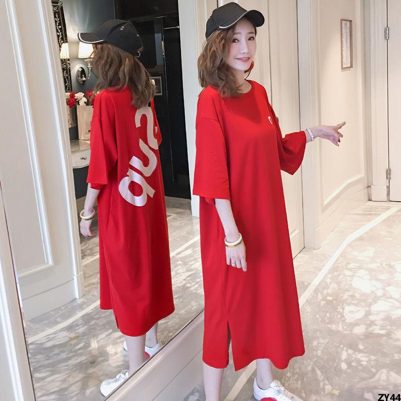 Váy Dài Kiểu Hàn Quốc Liền Áo Cotton ]T Áo Sơ Mi Bảy Phân 100 Rộng Rãi [ Váy Dài Qua Gối Mùa Hè Tay Áo Nữ Màu Đỏ