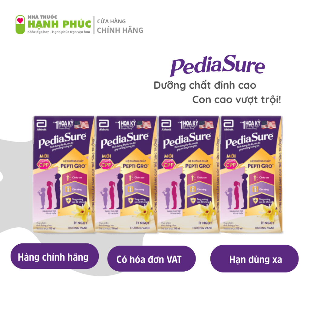 DATE MỚI NHẤT-Sữa PediaSure nước vani ít ngọt lốc 4 hộp 110ml–Hỗ trợ tăng chiều cao, cân nặng cho bé