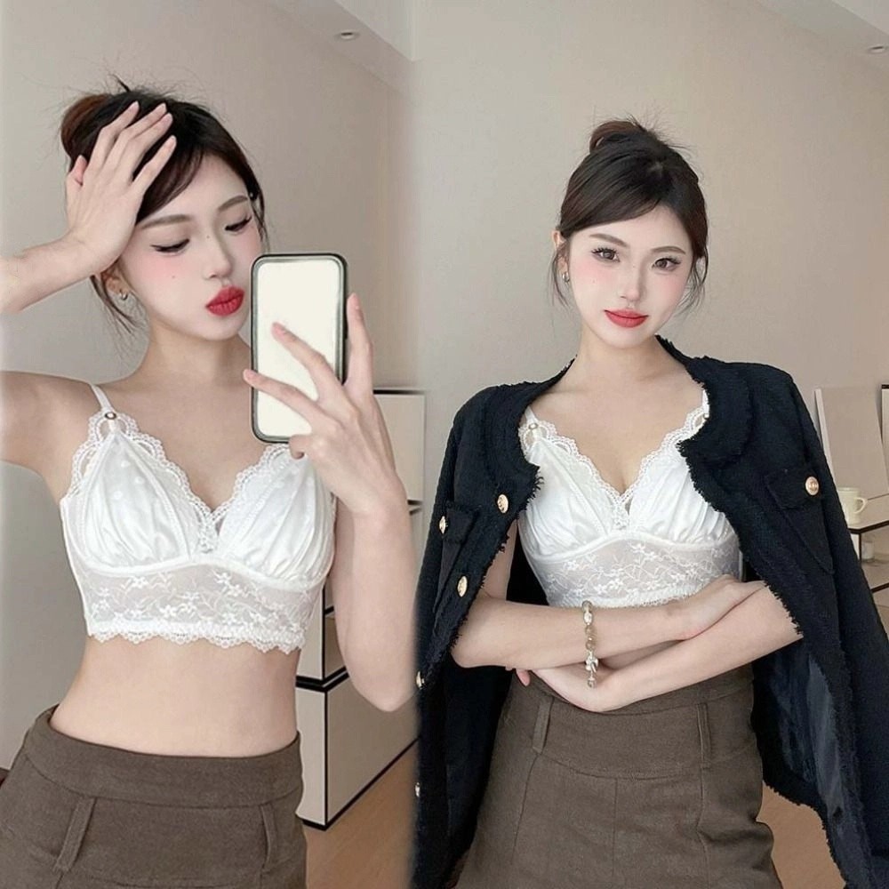 HXXM6E Đẩy lên Áo ngực không dây sâu V Mỏng Chấm bi Áo ngực ren nữ Đóng vừa vặn Chống chảy xệ Áo ngực lụa satin Cô gái