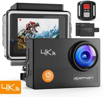 APEMAN 4K Action Waterproof Camera 16MP Ultra Full HD Wi-Fi Sport Cam 30M Diving Underwater Camera with 2.0'' LCD Screen 170o Wide View Angle/2.4G Remote Control/2 Rechargeable Batteries