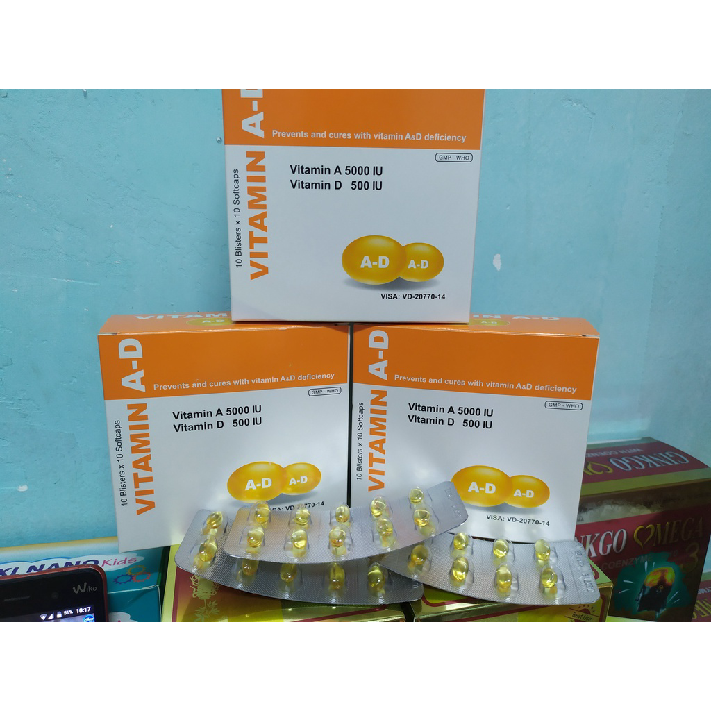 Viên uống vitamin A D bổ sung vitamin, giảm nguy cơ khô mắt, mỏi mắt, còi xương, hỗ trợ đẹp da hộp 100 viên vo