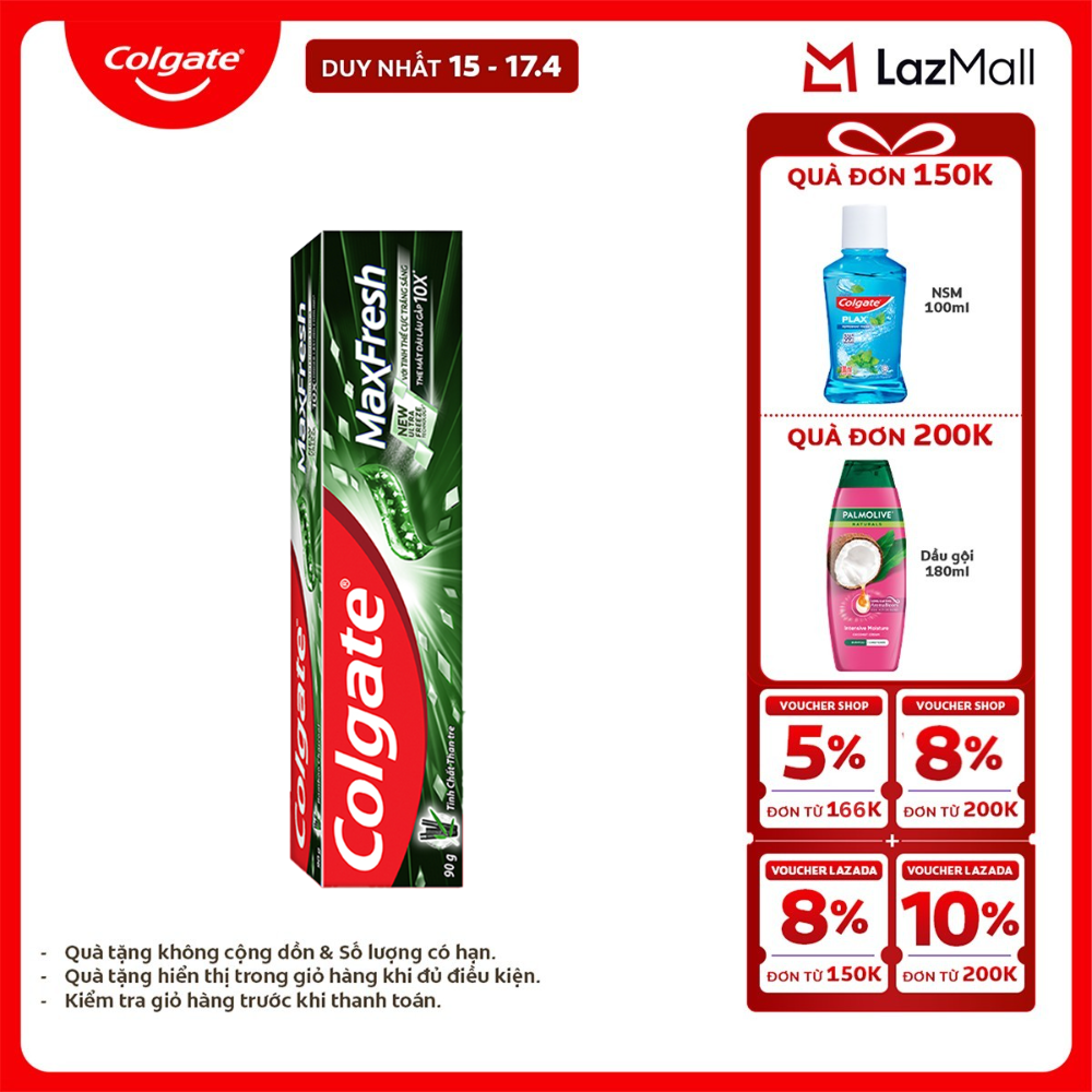 [Chỉ 15-17.4_X2 Voucher giảm đến 18%] Kem đánh răng Colgate Maxfresh Bamboo Charcoal the mát dài lâu với tinh chất than tre làm trắng răng 90g