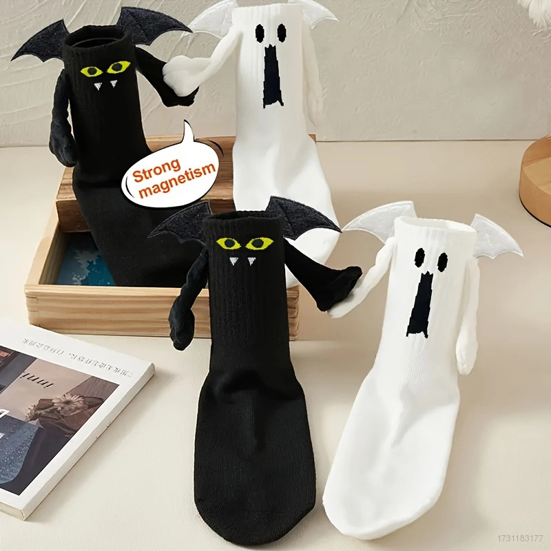 L91 [Sy1] Vớ tay trong tay Halloween Tất nam châm đầu lâu thiên thần đen trắng mới lạ Quà tặng đôi bạn bè L