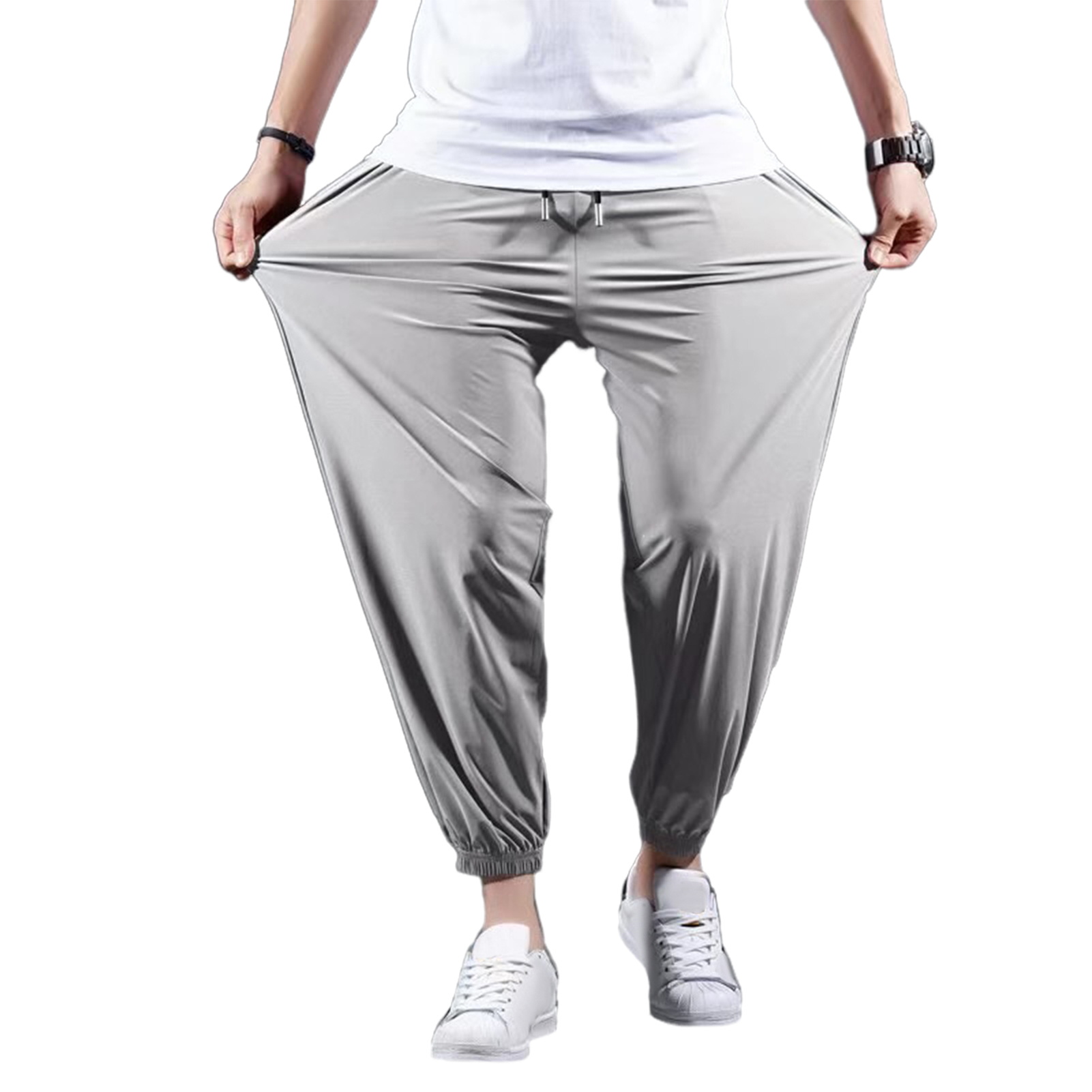 UHH Men Loose-fitting Pants Men Casual Ice Silk Pants Men's Ice Silk Sport Pants Breathable Loose Jogging Sweatpants with Elastic Waist Drawstring Ankle Bands Pockets – Comfortable Gym for Summer - 3