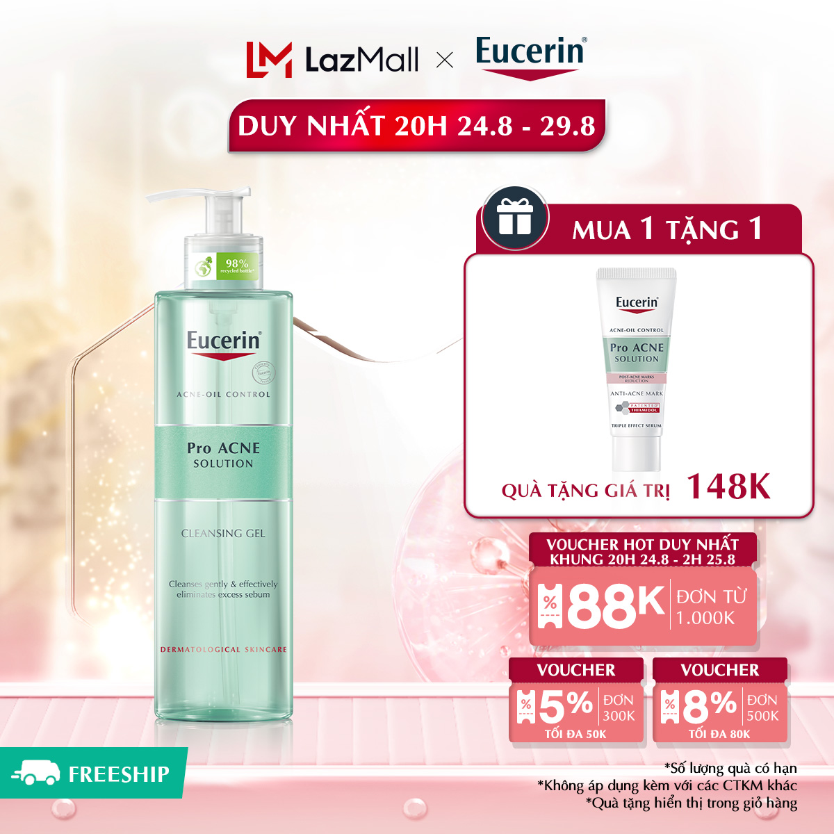 Gel rửa mặt cho da nhờn mụn eucerin pro acne cleansing gel 400ml
