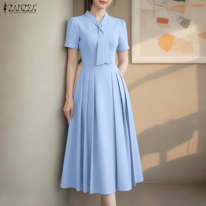 (3 Days Delivery) ZANZEA Korean Style Women Elegant Short Sleeve Dresses A-Line Pleated Tie Neck Solid Midi Dress #F ราคา 246 บาท*ส่งฟรี