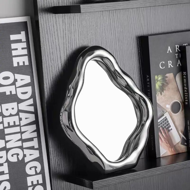 Luxury Irregular Desk Mirror For Bedroom Deorative Bathroom Makeup Mirror Ceramic Compact Standing Mirror Aesthetic Room Decor