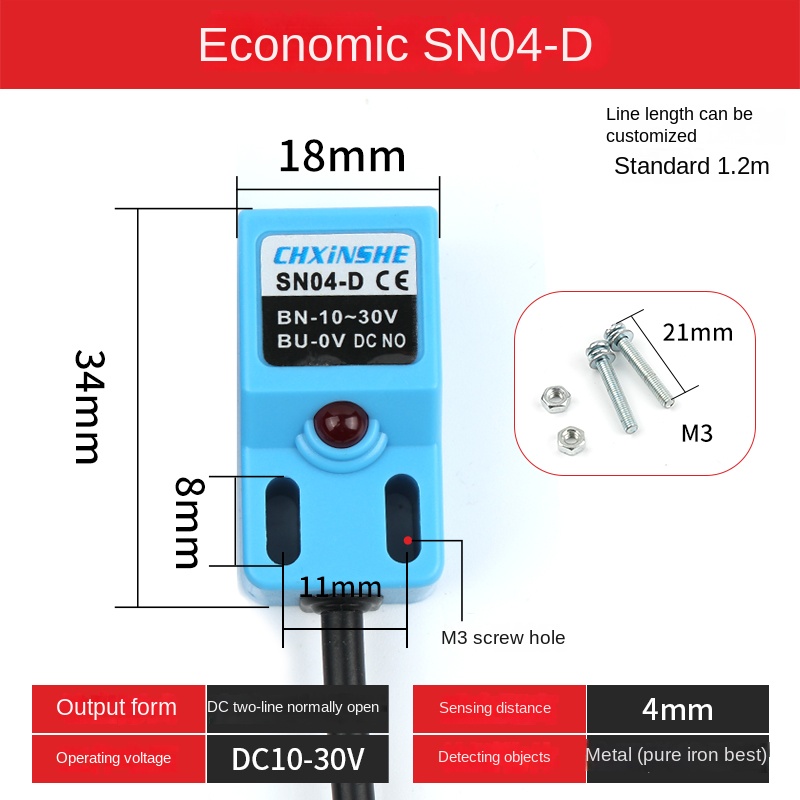 [SN04-N] Cảm Biến Tiệm Cận vuông Chxinshe SN04-D DC NO 2 dây | Tùy chọn Công Tắc NPN/PNP NO/NC 5-24V | Phát Hiện Kim Loại 4mm 18x18x36mm