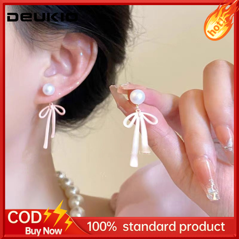 DEUKIO Elegant Pearl Earrings with Bow Design, Versatile Wear for Women's Fashion ราคา 18 บาท*ส่งฟรี