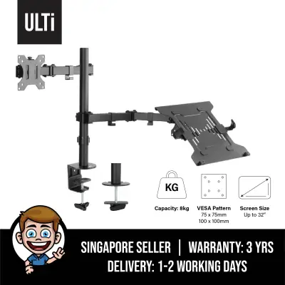ULTi Full Motion Monitor and Laptop Desk Mount, Articulating Double Center Arm Joint, VESA Stand, Fits up to 32" Screen