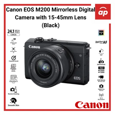 (12 + 3months Warranty) Canon EOS M200 Mirrorless Digital Camera with 15-45mm Lens (Black / White) + Freegifts