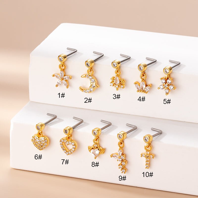 1pc2 0g Xỏ Khuyên bằng thép không gỉ khuyên mũi L Rod Ngọc Zircon nhiều màu Mặt dây chuyền hoa khuyên mũi Cuff Ấn Độ xuyên trang sức cơ thể Goth