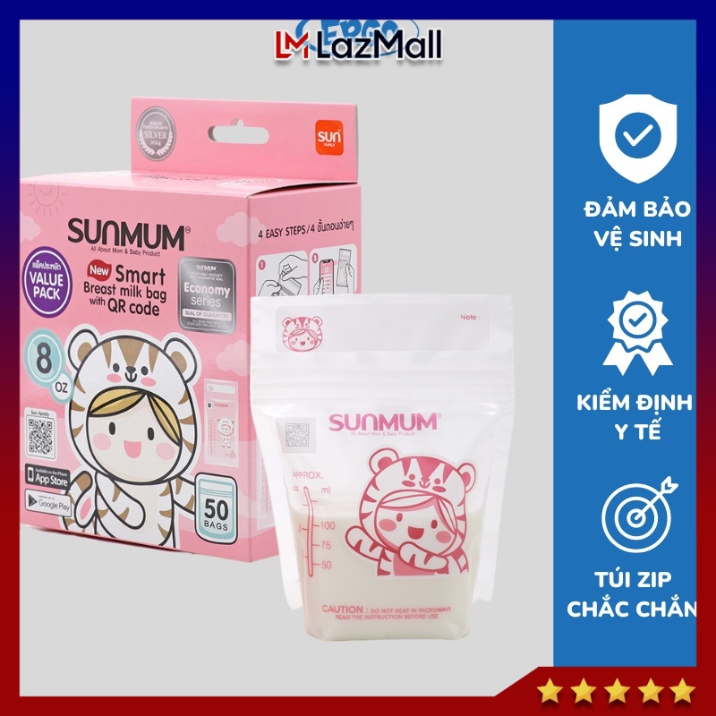 Túi trữ sữa Sunmum Khoá 3 zip siêu kín Túi trữ sữa 250ml và 100ml Hộp 50 túi