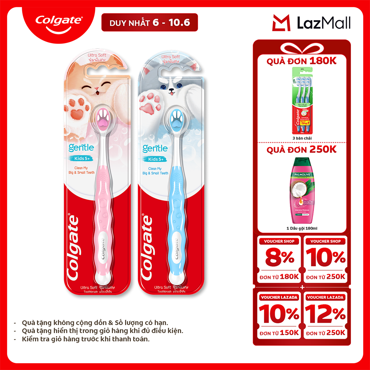 [Chỉ 6-10.6_X2 Voucher giảm 22%] Bàn chải Colgate cho bé 5+ tuổi Fluffy Paw họa tiết thú cưng đáng yêu, lông chải siêu mềm (mẫu ngẫu nhiên)